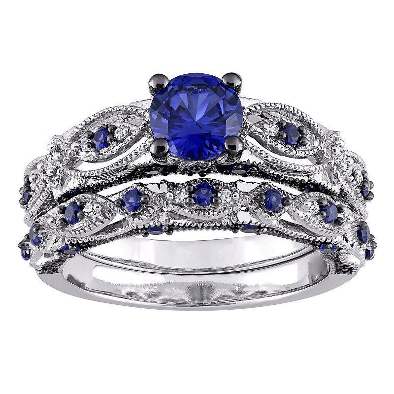 Stella Grace 10k White Gold Lab-Created Sapphire & 1/10 Carat T.W. Diamond Vintage Filigree Engagement Ring Set, Women's, Size: 6.50, 10k Whgold Product Image