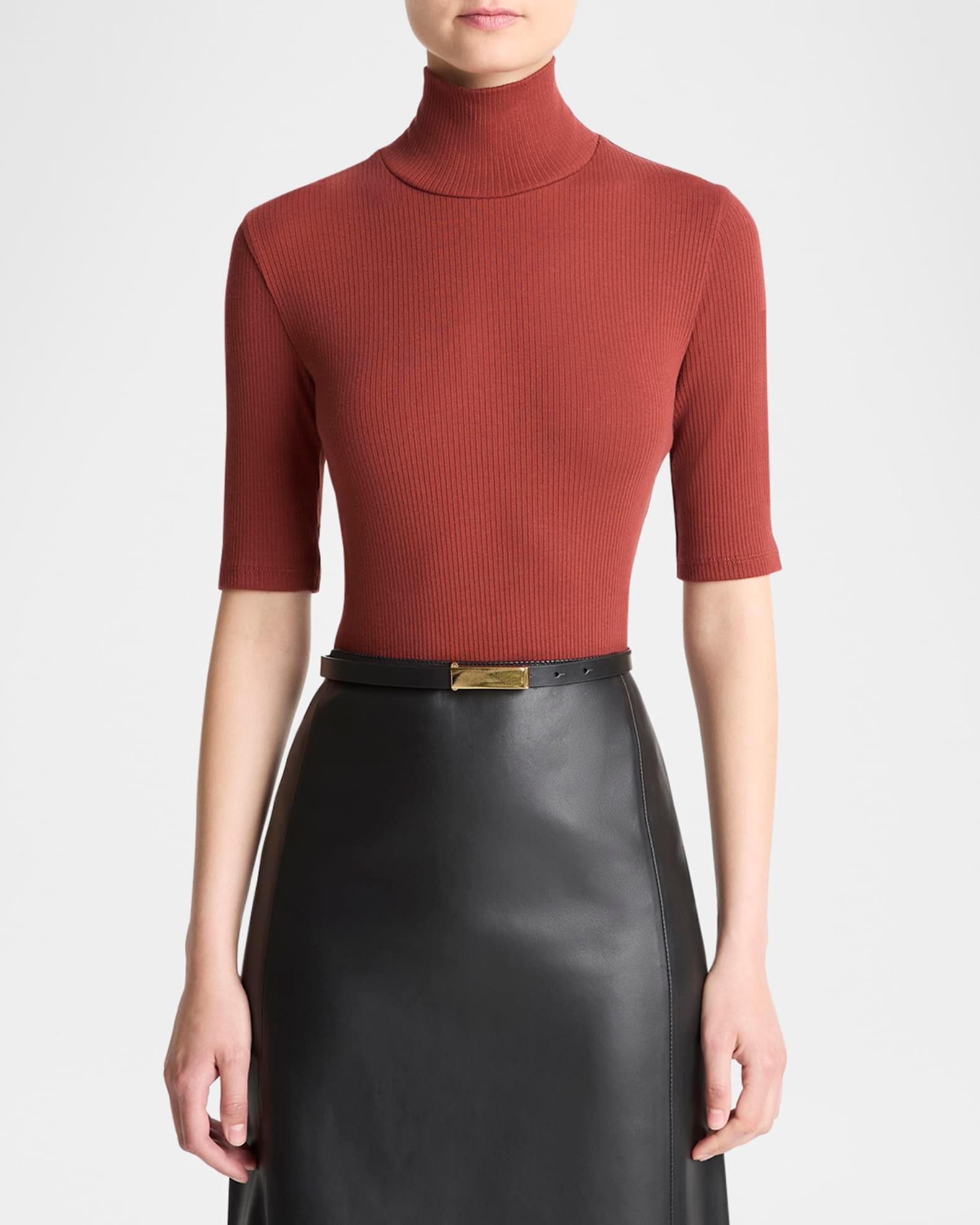 Ribbed Elbow-Sleeve Turtleneck Top Product Image
