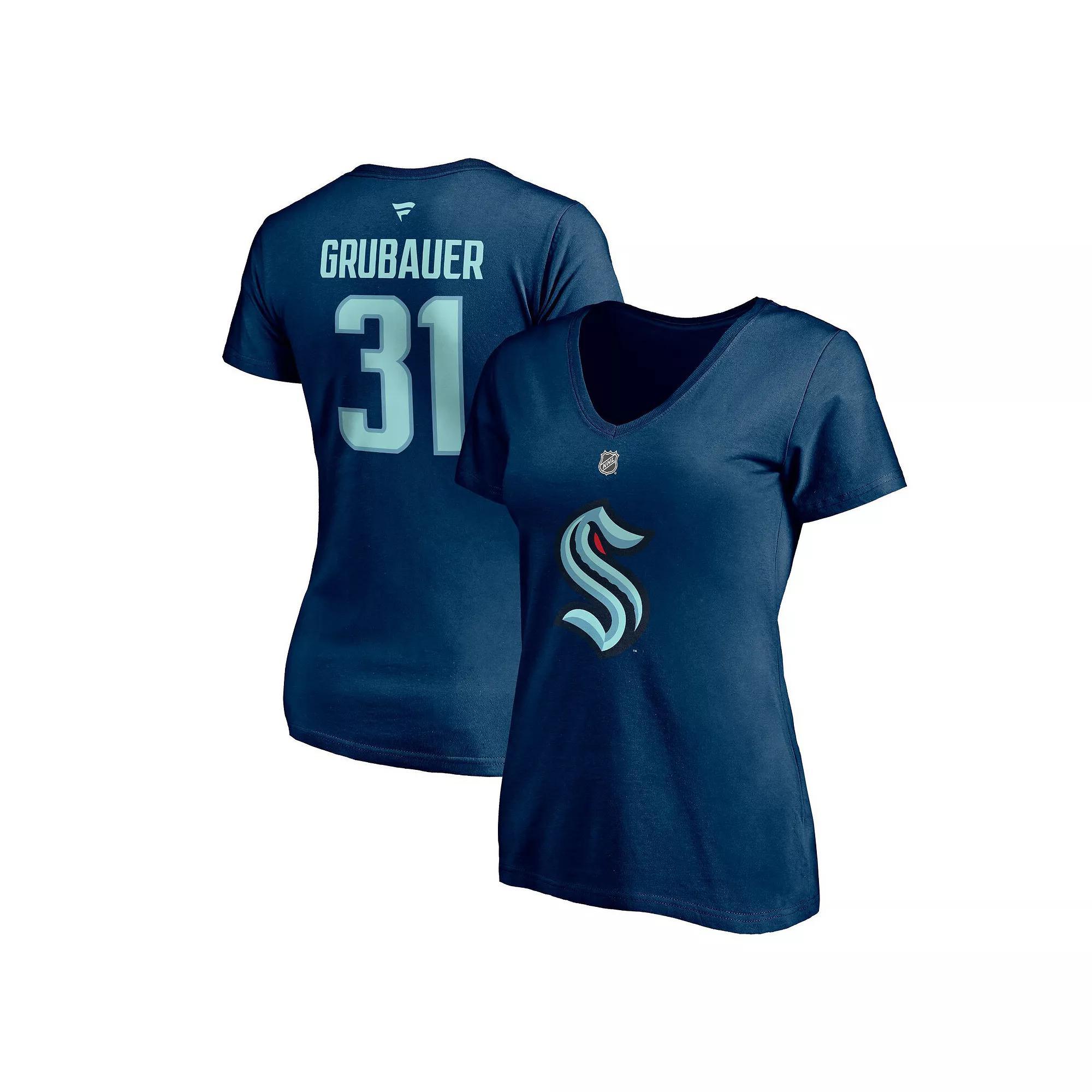 Women's Fanatics Branded Philipp Grubauer Deep Sea Blue Seattle Kraken Authentic Stack Name & Number V-Neck T-Shirt, Size: Small, Krk Blue Product Image