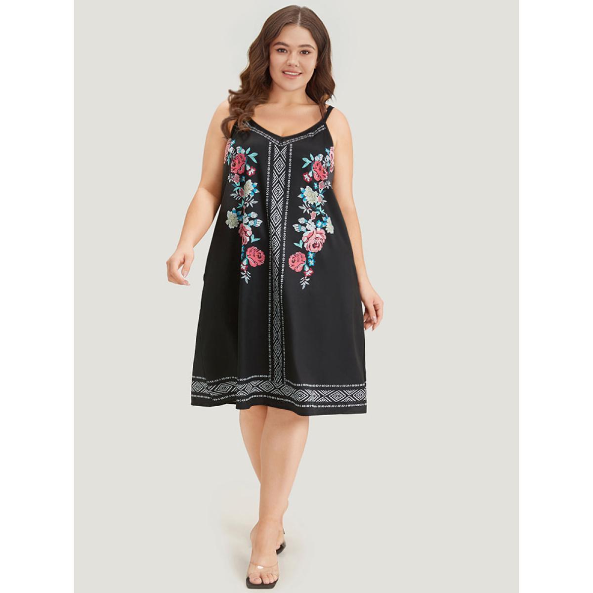 Plus Size Boho Print Pocket Cami Knee Dress Black Women Vacation Printed Spaghetti Strap Sleeveless Curvy Knee Dress BloomChic 10/M Product Image