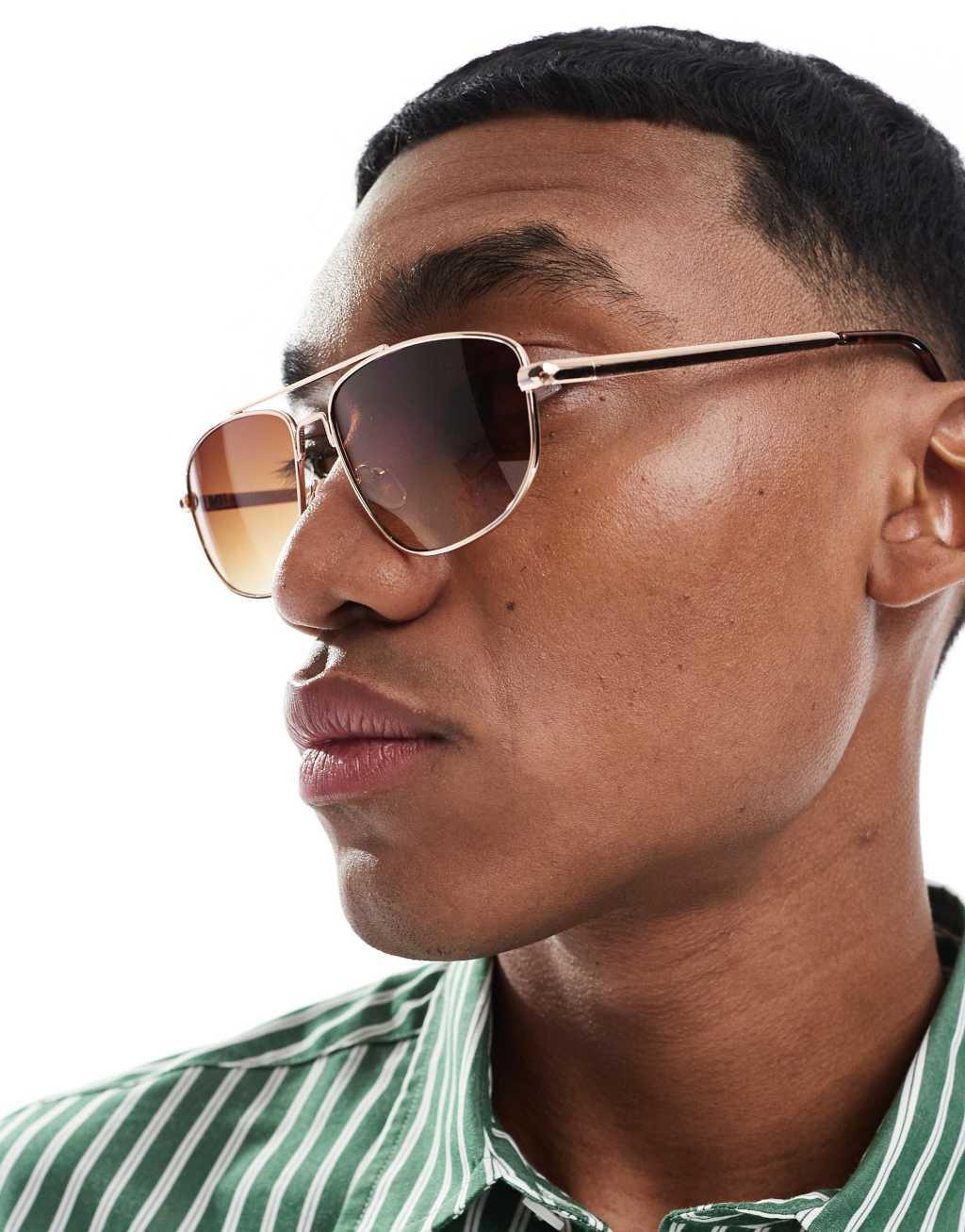 AJ Morgan slim metal aviator sunglasses in gold Product Image