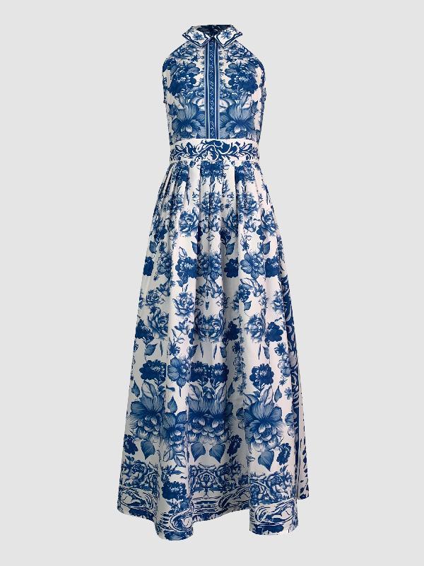 A-Line Loose Flower Print Split-Joint Lapel Maxi Dresses Product Image