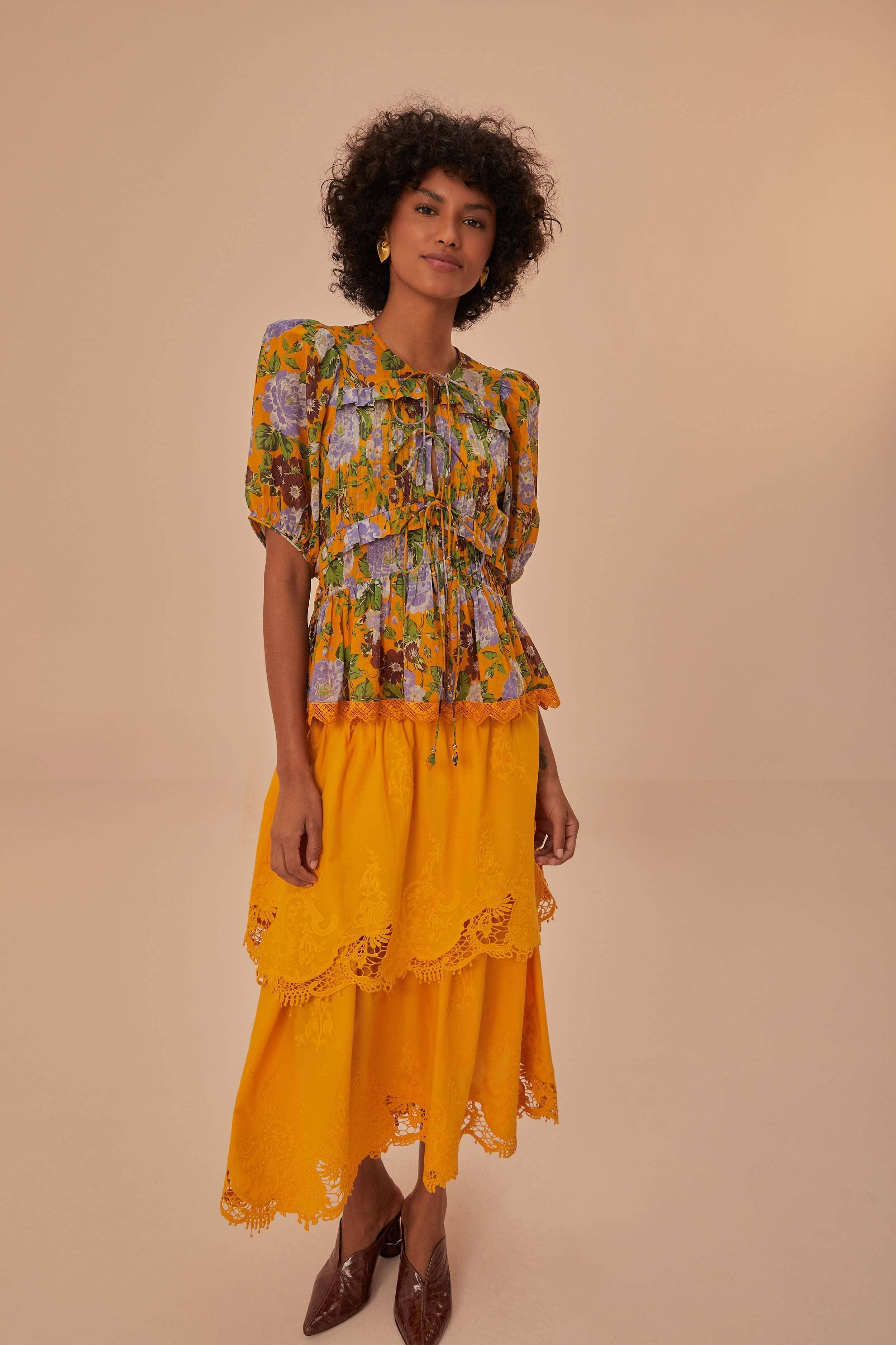 Yellow Mustard Tiered Lace Midi Skirt, MUSTARD / XXS Product Image