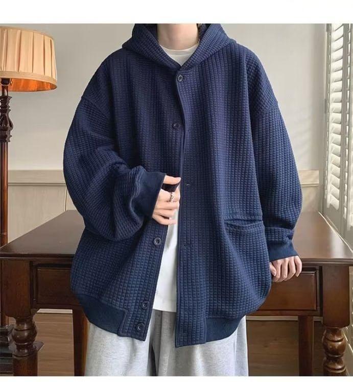 Plain Hooded Ribbed Button Jacket Product Image