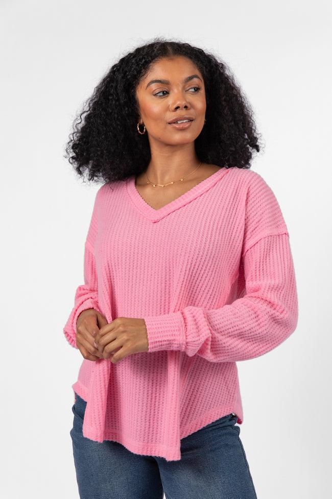 Idle Hands Pink Waffle Knit V-Neck Oversized Knit Top FINAL SALE Product Image