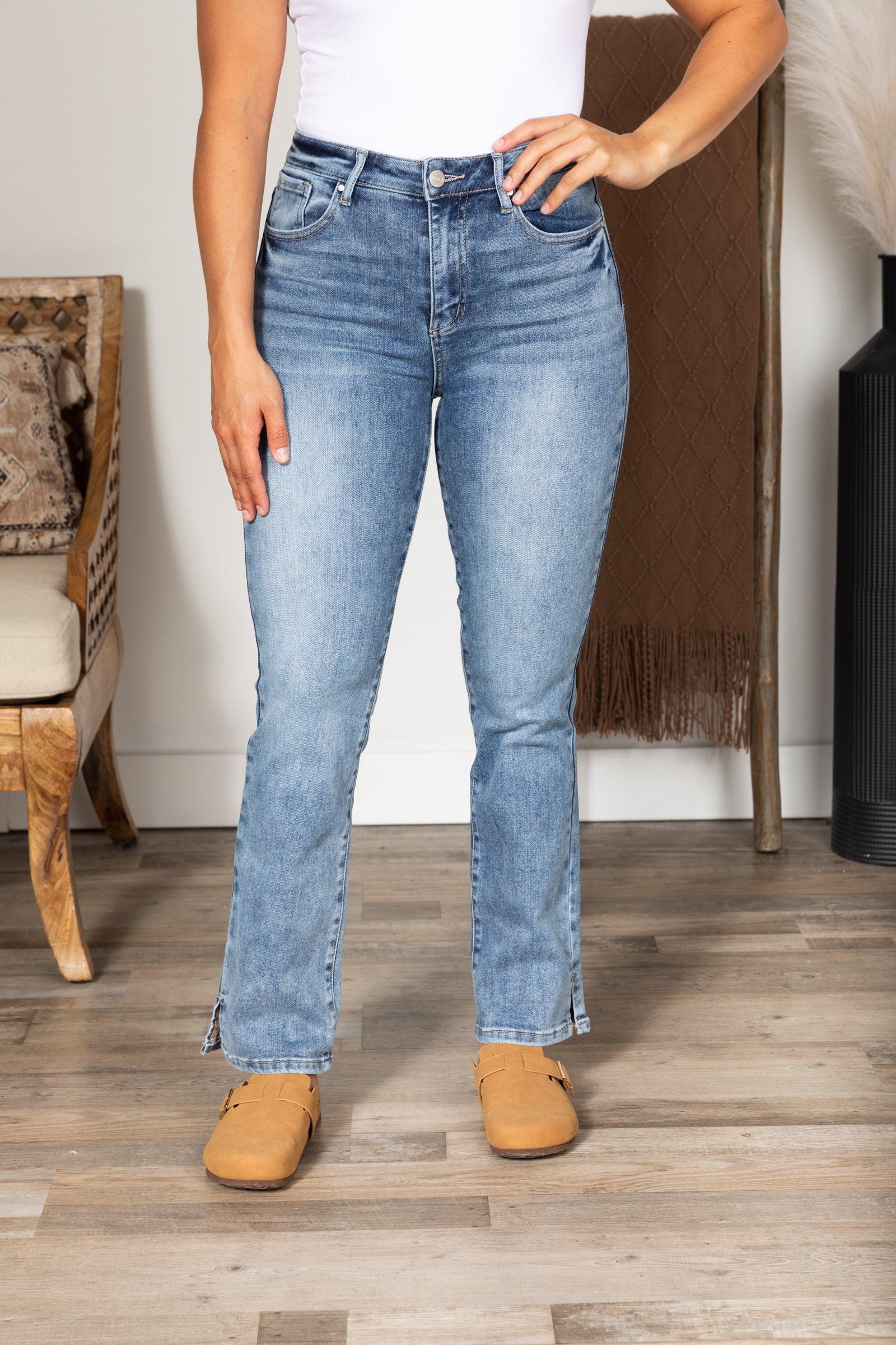 Risen High Rise Straight Jeans With Hem Slit Product Image