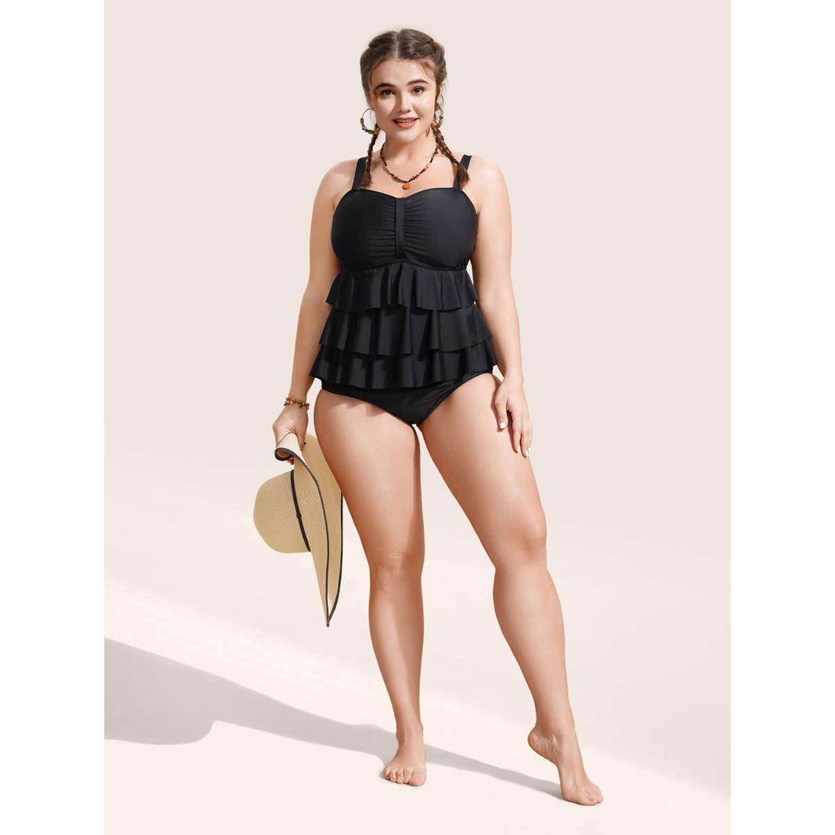 Plus Size Solid Tiered Ruffles Ruched One Piece Swimsuit Women's Swimwear Black Beach Gathered Curve Bathing Suits High stretch One Pieces BloomChic 28/5X Product Image