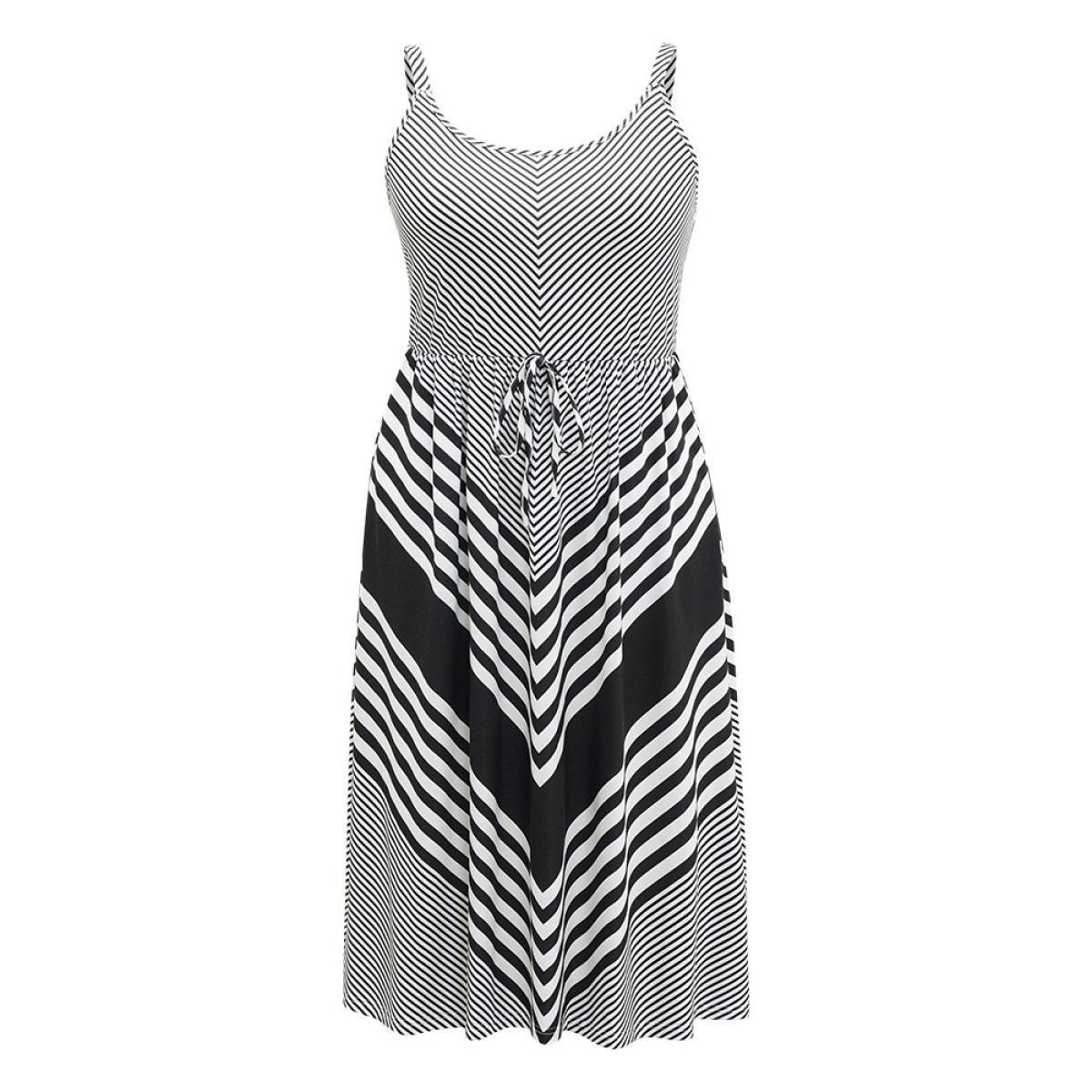 Plus Size Striped Patchwork Pocket Ties Flutter Hem Cami Dress Black Women Casual Adjustable Straps Spaghetti Strap Sleeveless Curvy Midi Dress BloomChic 18-20/2X Product Image