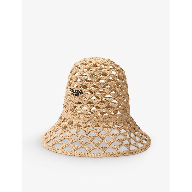 PRADA Womens Neutral Brand-embroidered Cut-out Woven Bucket Hat Product Image