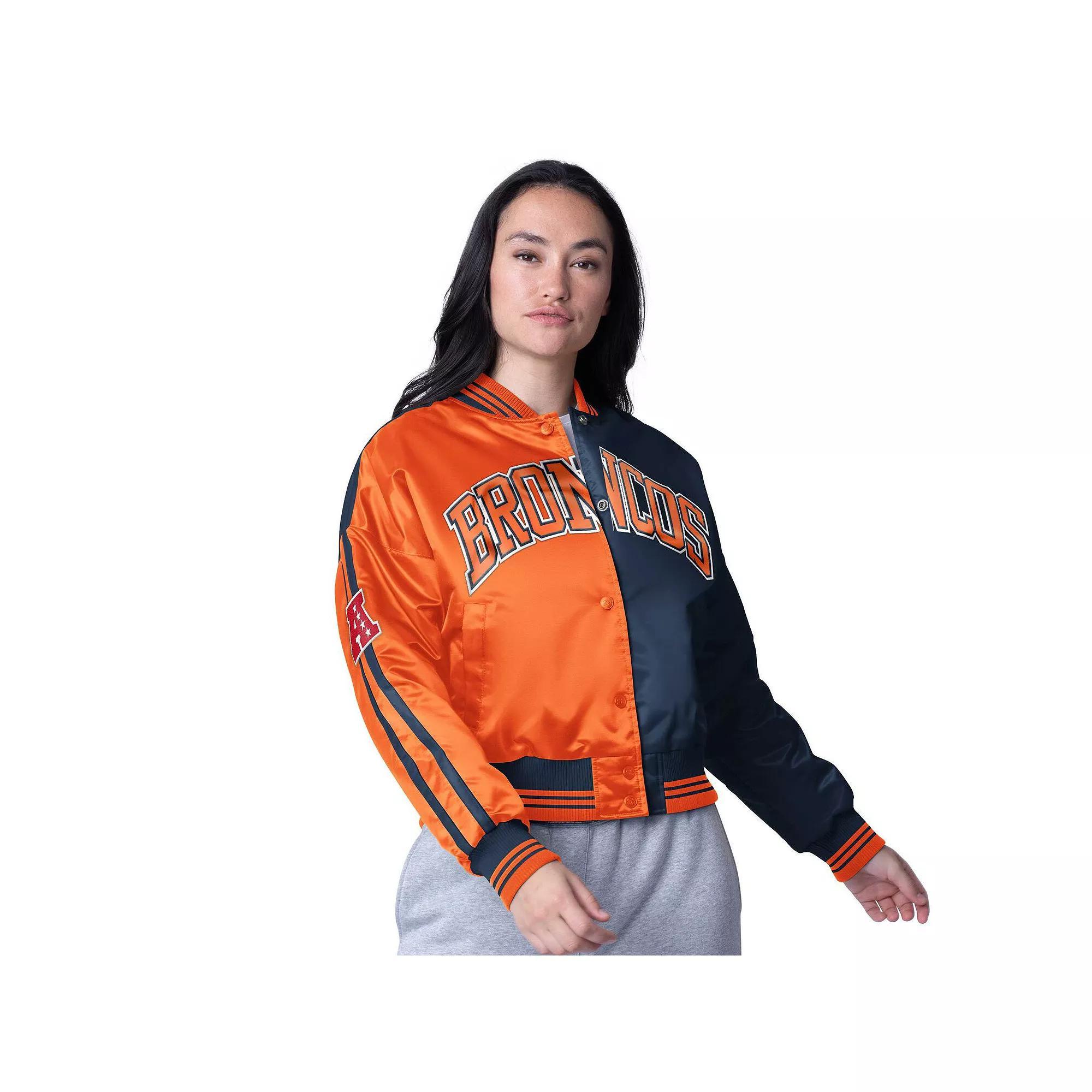 Women's Starter  Orange/Navy Denver Broncos Zone Blitz Cropped Full-Snap Satin Jacket, Size: 2XL Product Image