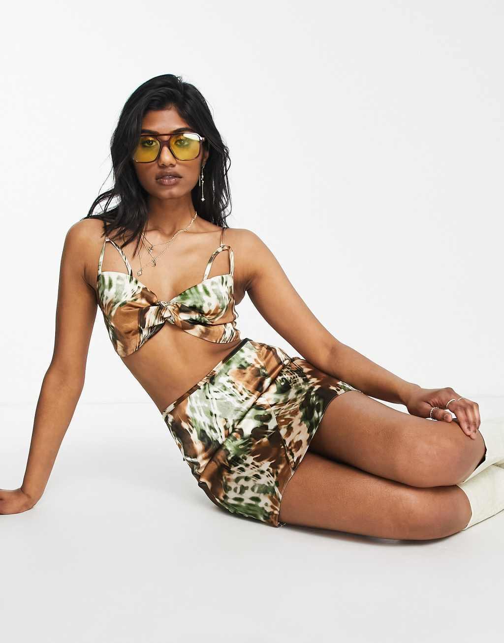 Topshop satin strappy animal print mini bralette in multi - part of a set Product Image