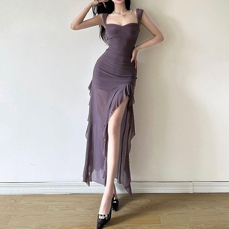 Sleeveless Square-Neck Plain Ruched Mesh Slit Midi Dress Product Image