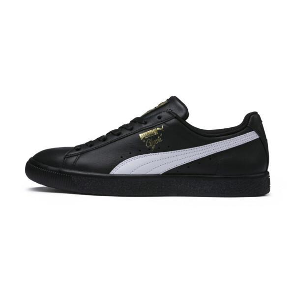 PUMA Clyde Core Foil Mens Sneakers in Black/White/Team Gold Product Image