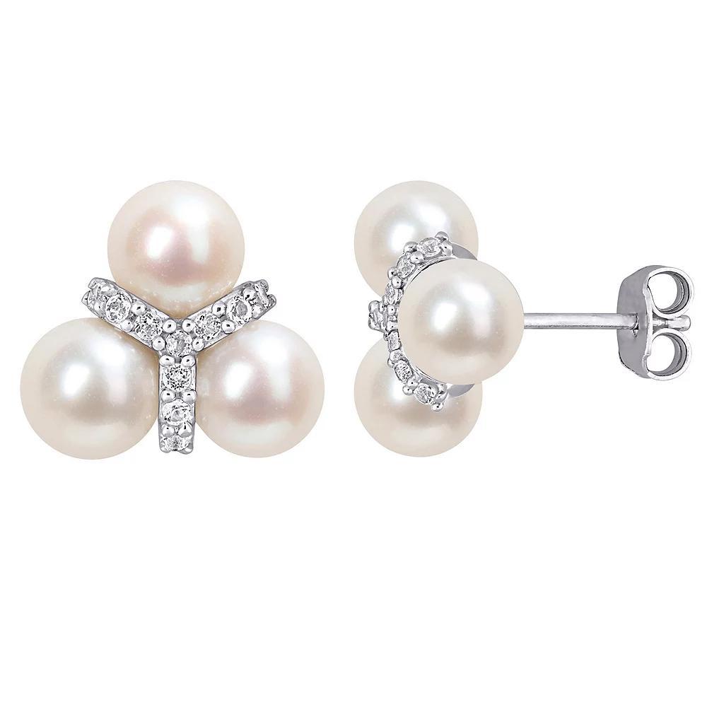 Stella Grace Sterling Silver White Topaz & Freshwater Cultured Pearl Floral Stud Earrings, Women's Product Image