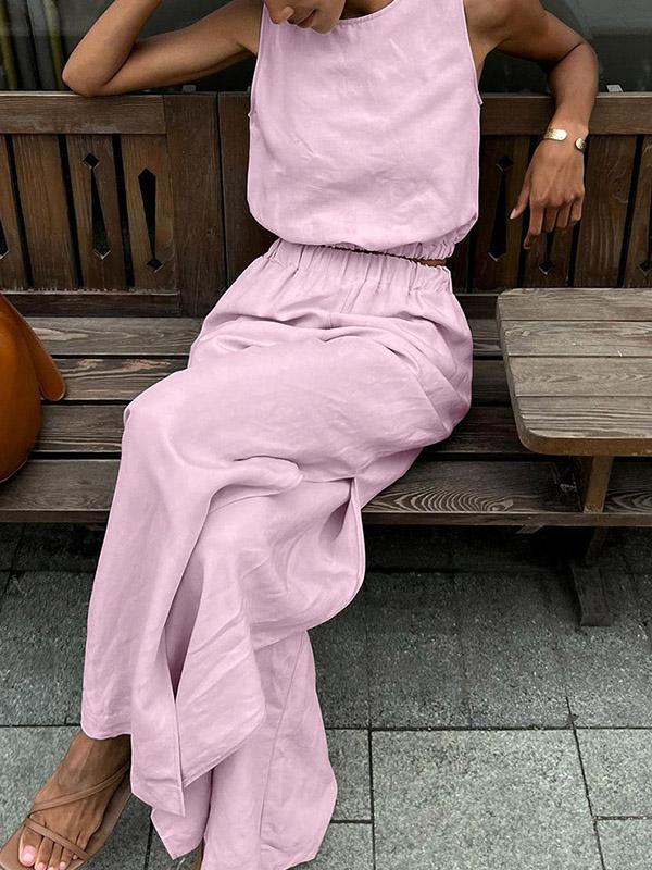 Loose Elasticity Solid Color Split-Joint Round-Neck Vest + High Waisted Split-Side Pants Two Pieces Set Product Image