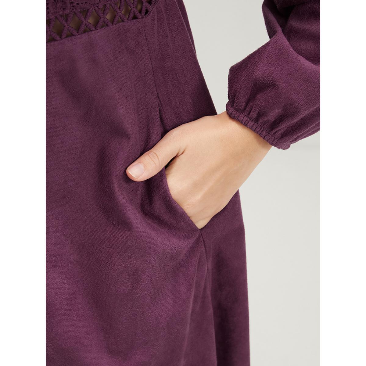 Plus Size Solid Lantern Sleeve Pocket Crochet Lace Dress Burgundy Women Elegant Patchwork V-neck Long Sleeve Curvy Midi Dress BloomChic 26/4X Product Image