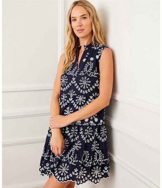Karen Kane Sleeveless Eyelet Split Neckline Scalloped Hemline A-Line Dress Product Image