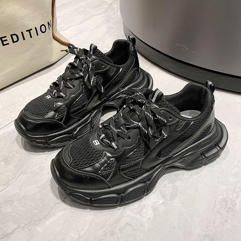 Platform Mesh Panel Lace-Up Faux Leather Sneakers Product Image