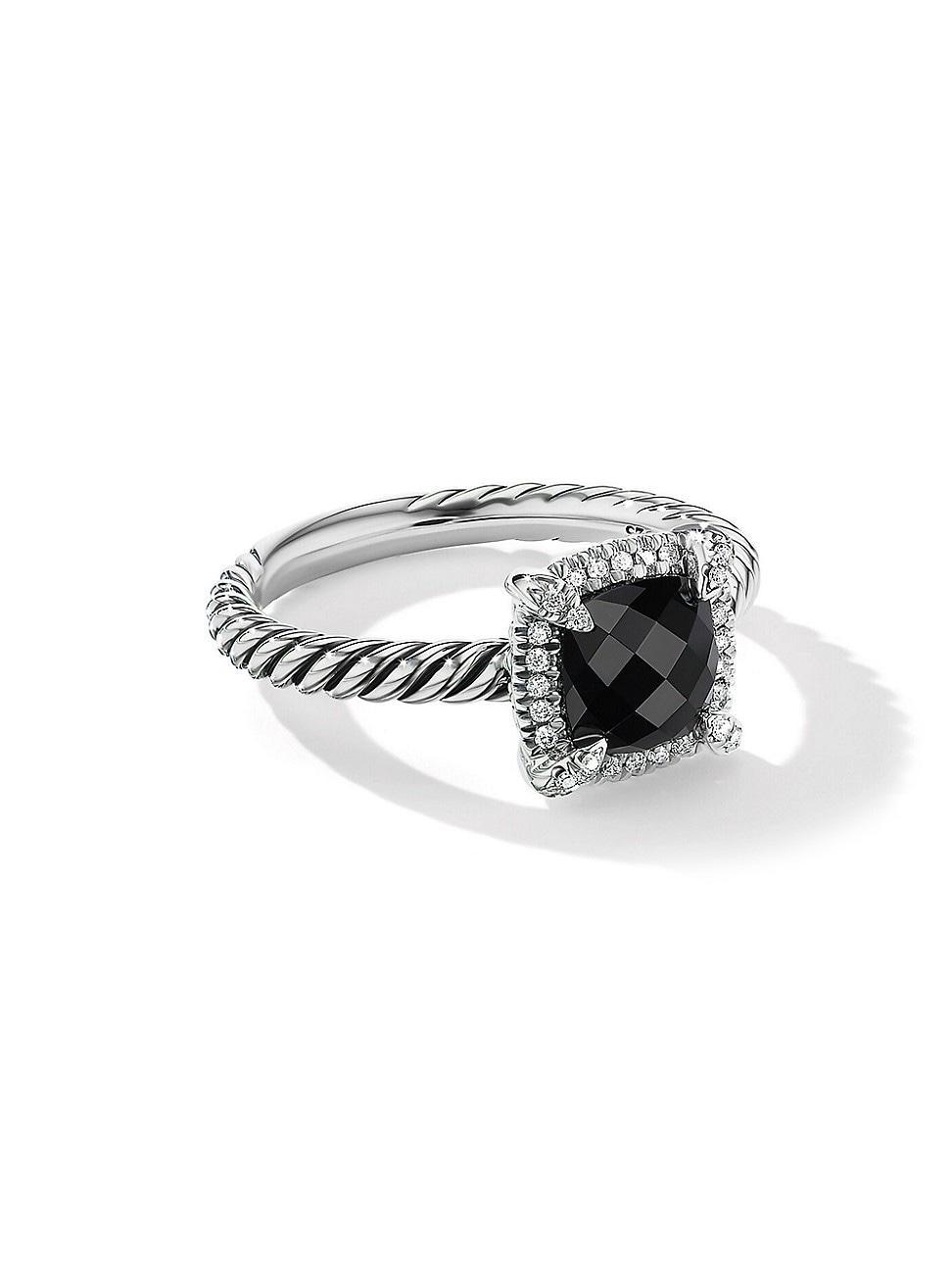 7mm Petite Chatelaine Pave Bezel Ring with Gemstone and Diamonds in Silver Product Image