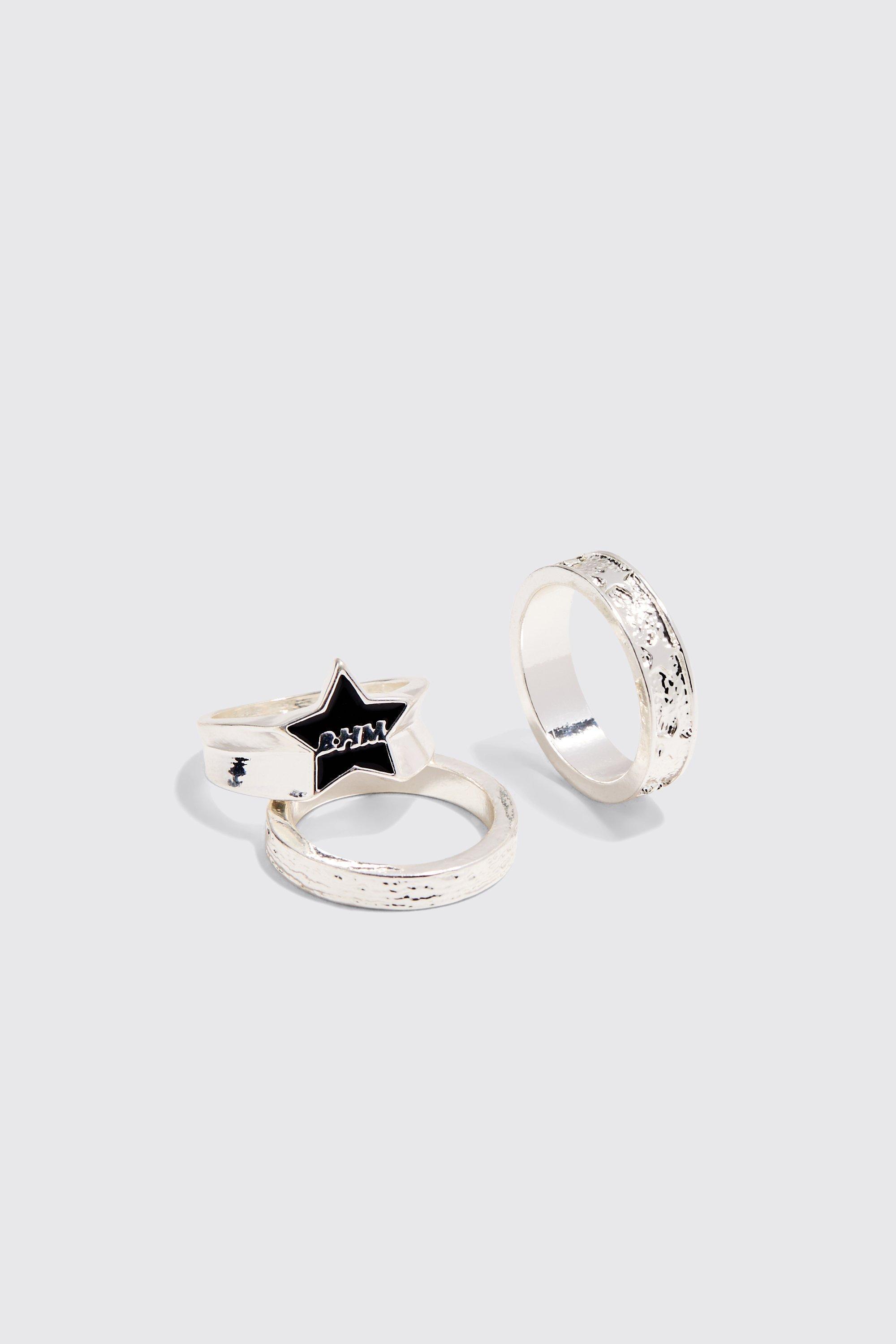 3 Pack BHM Star Rings In Silver | boohooMAN USA Product Image