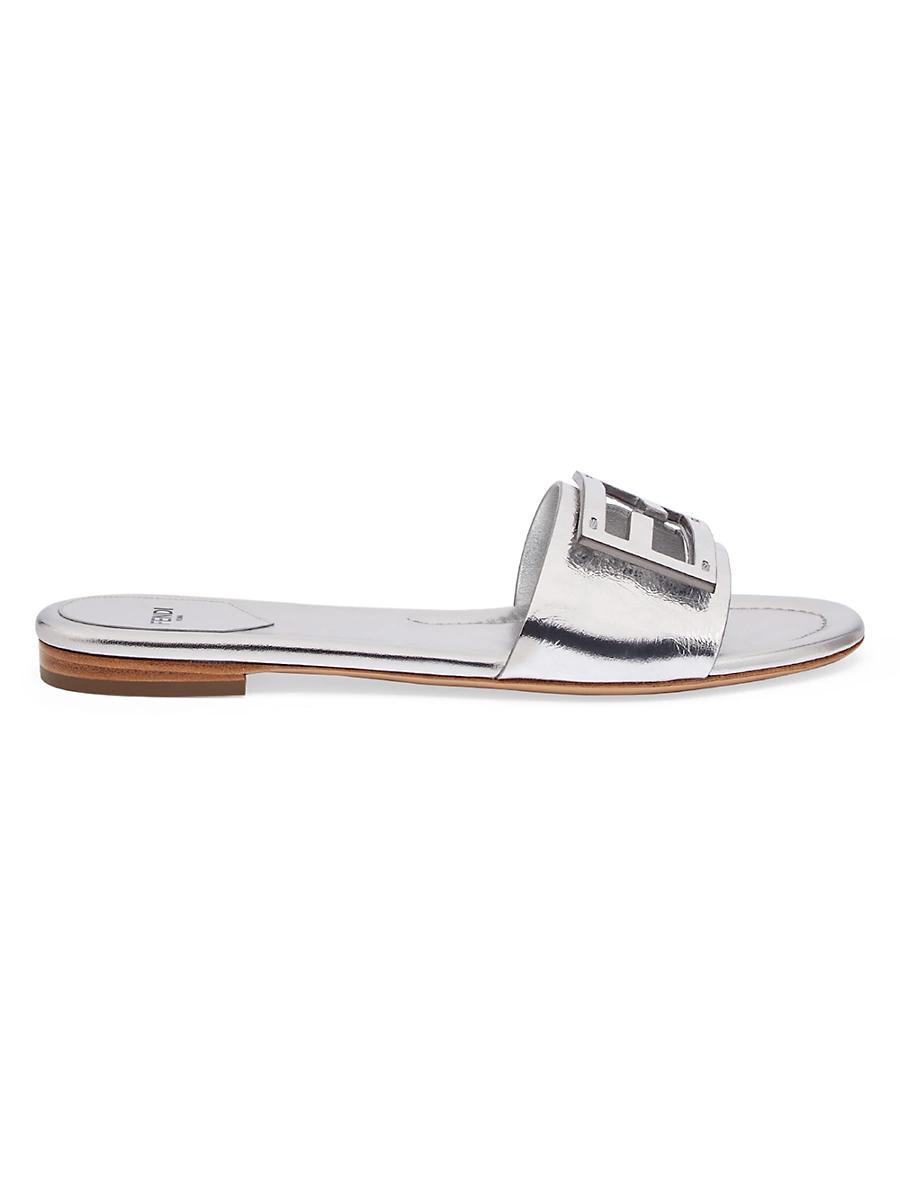 Womens Metallic Leather Logo Slides Product Image