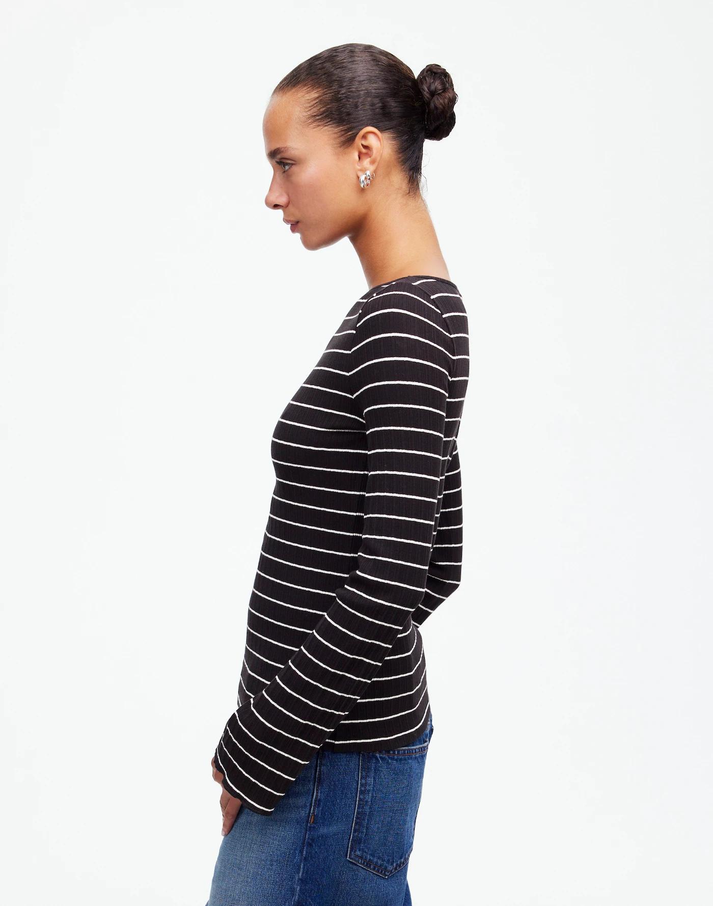 Ribbed Long-Sleeve Boatneck Top in Stripe Product Image