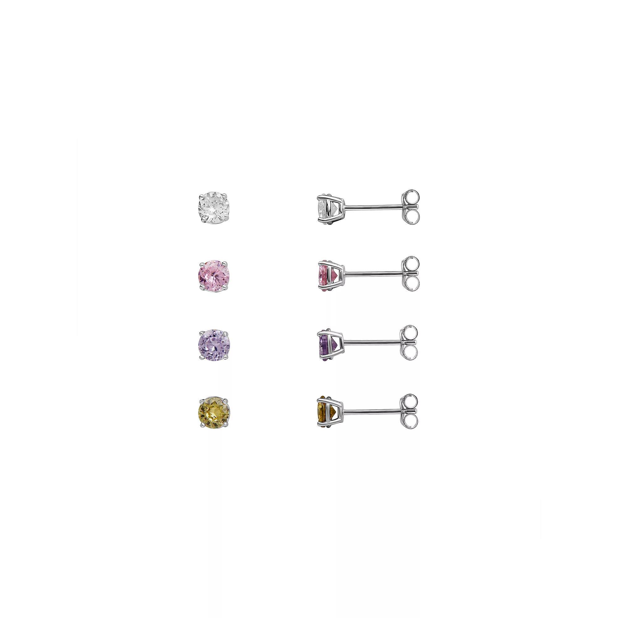 PRIMROSE 4 Pair Multi-Color Cubic Zirconia Stud Earring Set, Women's, Sterling Silver Product Image