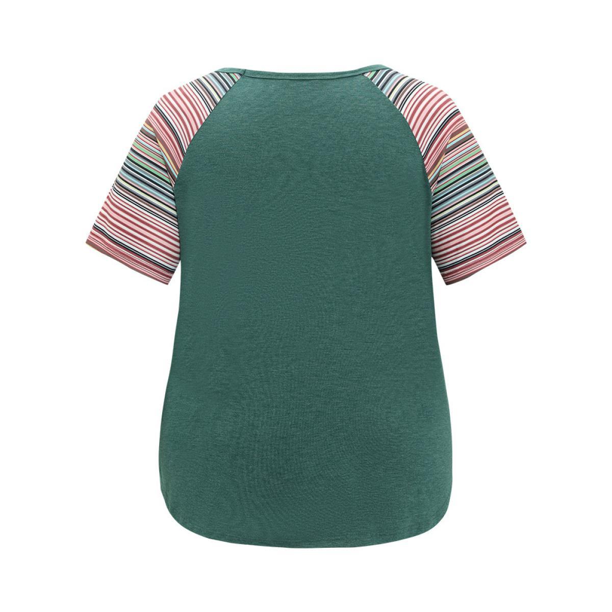 Plus Size Supersoft Essentials Striped Contrast Raglan Sleeve Curved Hem T-shirt DarkGreen Women Casual Contrast Plain Round Neck Everyday T-shirts BloomChic 30/6X Product Image