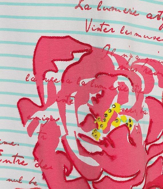 Ruby Rd. Knit Floral Embroidered Split Neck 3/4 Sleeve Top Product Image