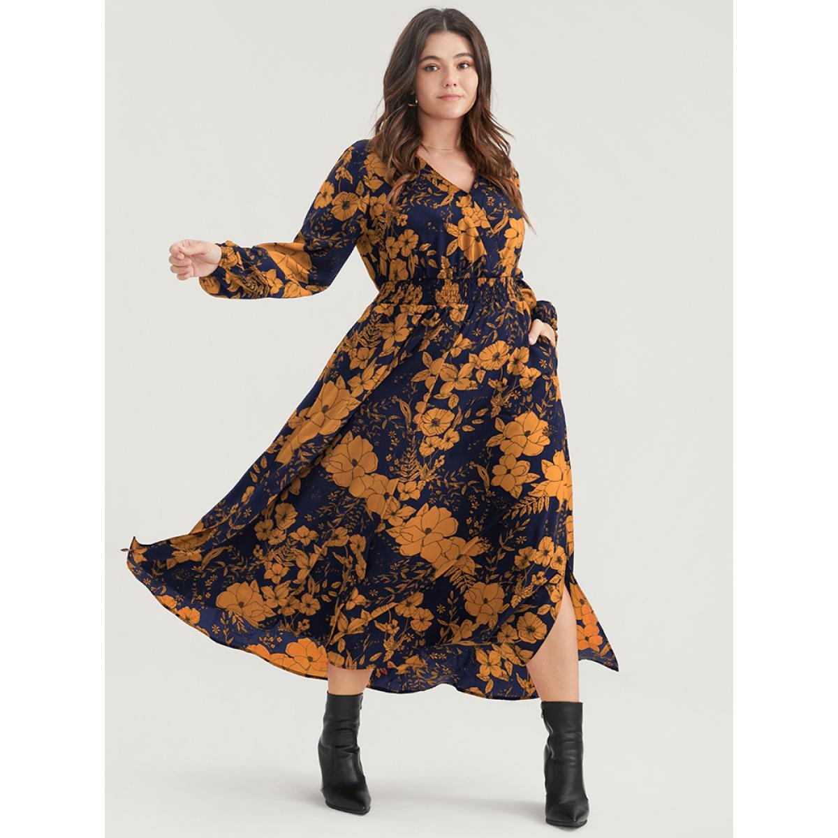 Plus Size Floral Print Pocket Wrap Lantern Sleeve Split Hem Dress Yellow Women Elegant Pocket V-neck Long Sleeve Curvy Midi Dress BloomChic 22-24/3X Product Image