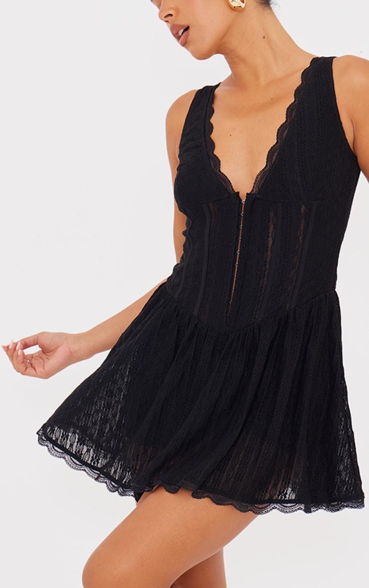 Black Textured Lace Corset Detail Floaty Romper Product Image