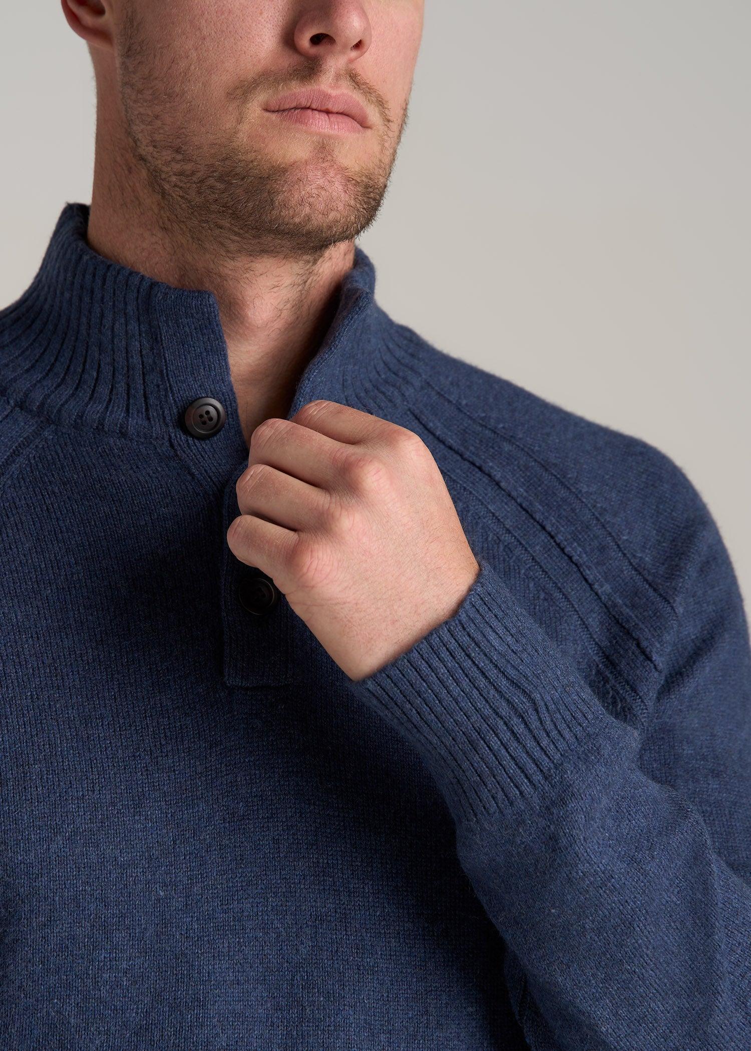 Three-Button Mock Neck Sweater for Tall Men in Deep Cobalt Mix Male Product Image