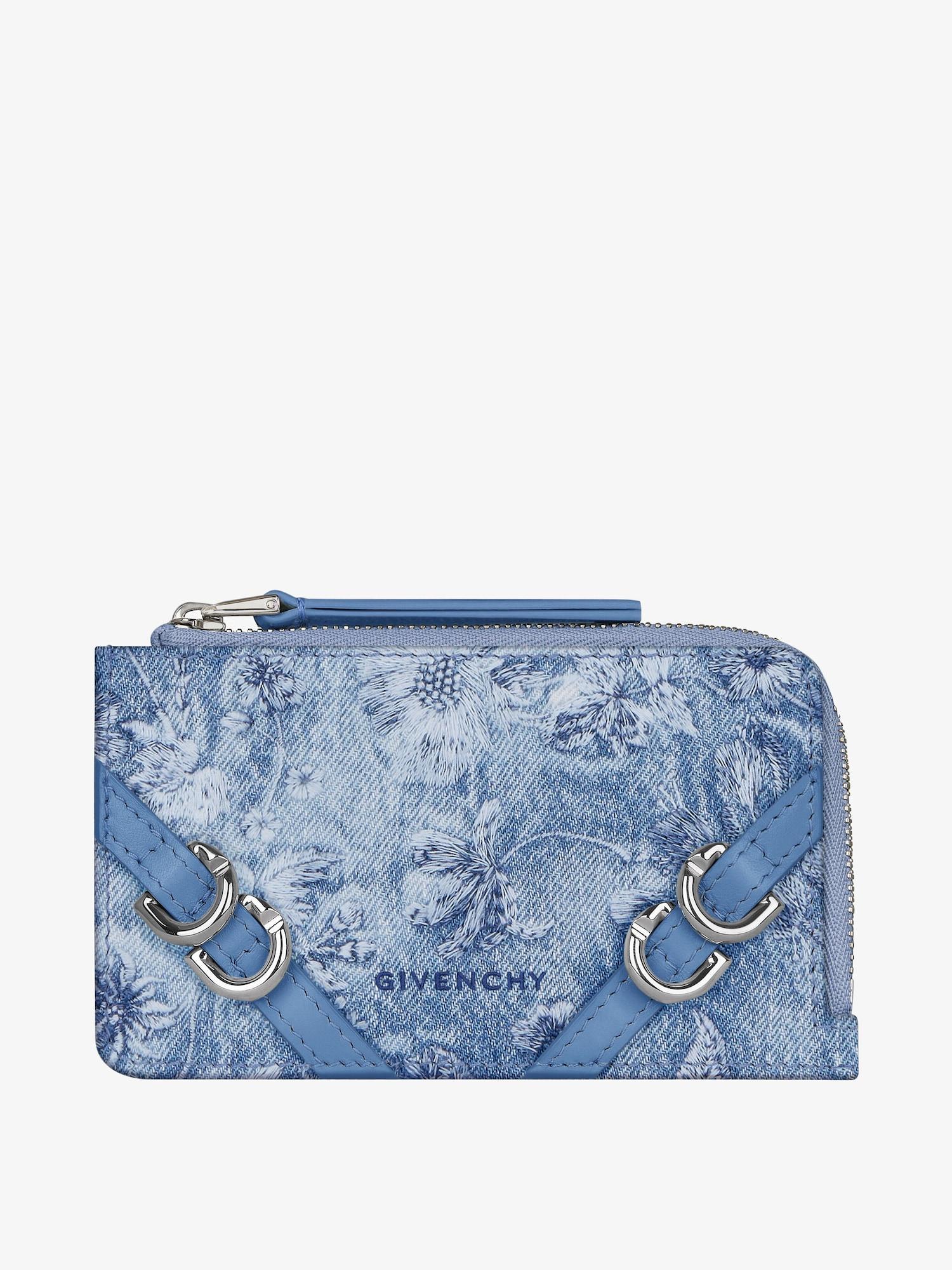 Voyou zipped card holder in washed embroidered denim Product Image