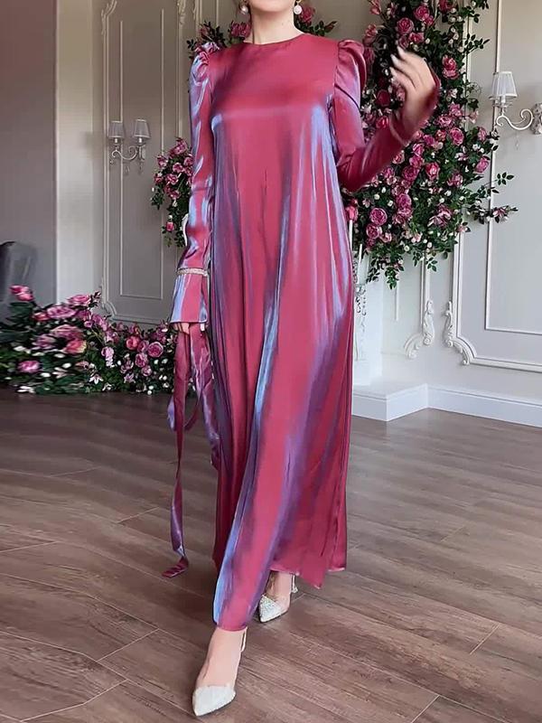 A-Line Long Sleeves Pleated Solid Color Tied Waist Zipper Round-Neck Maxi Dresses Product Image