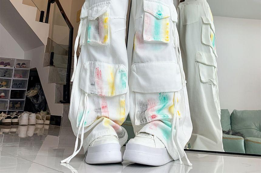 High Waist Paint Printed Wide Leg Cargo Pants Product Image