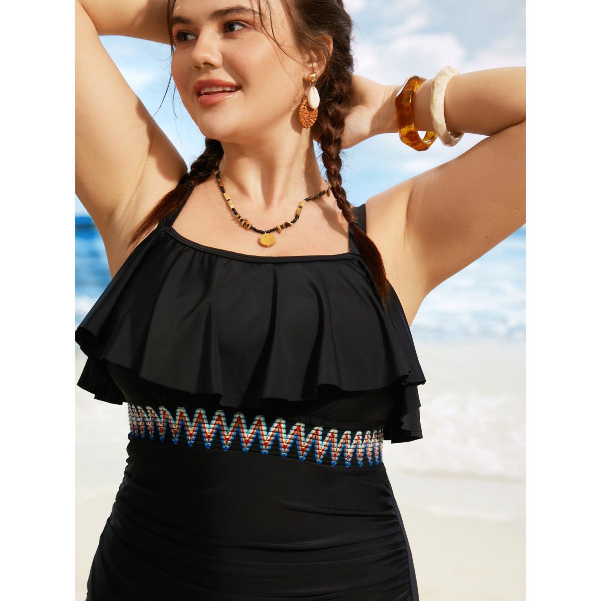 Plus Size Woven Ribbon Gathered Ruffle Trim One Piece Swimsuit Women's Swimwear Black Beach Woven ribbon&lace trim Curve Bathing Suits High stretch One Pieces BloomChic 22-24/3X Product Image