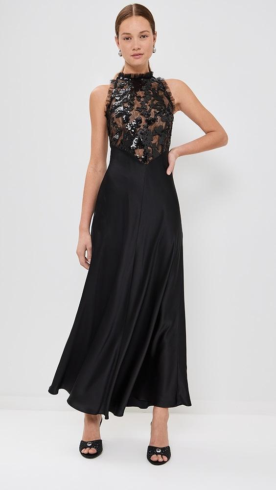 Rodarte Black Silk Satin And Sequin Dress With Tulle Ruffle Detail | Shopbop Product Image