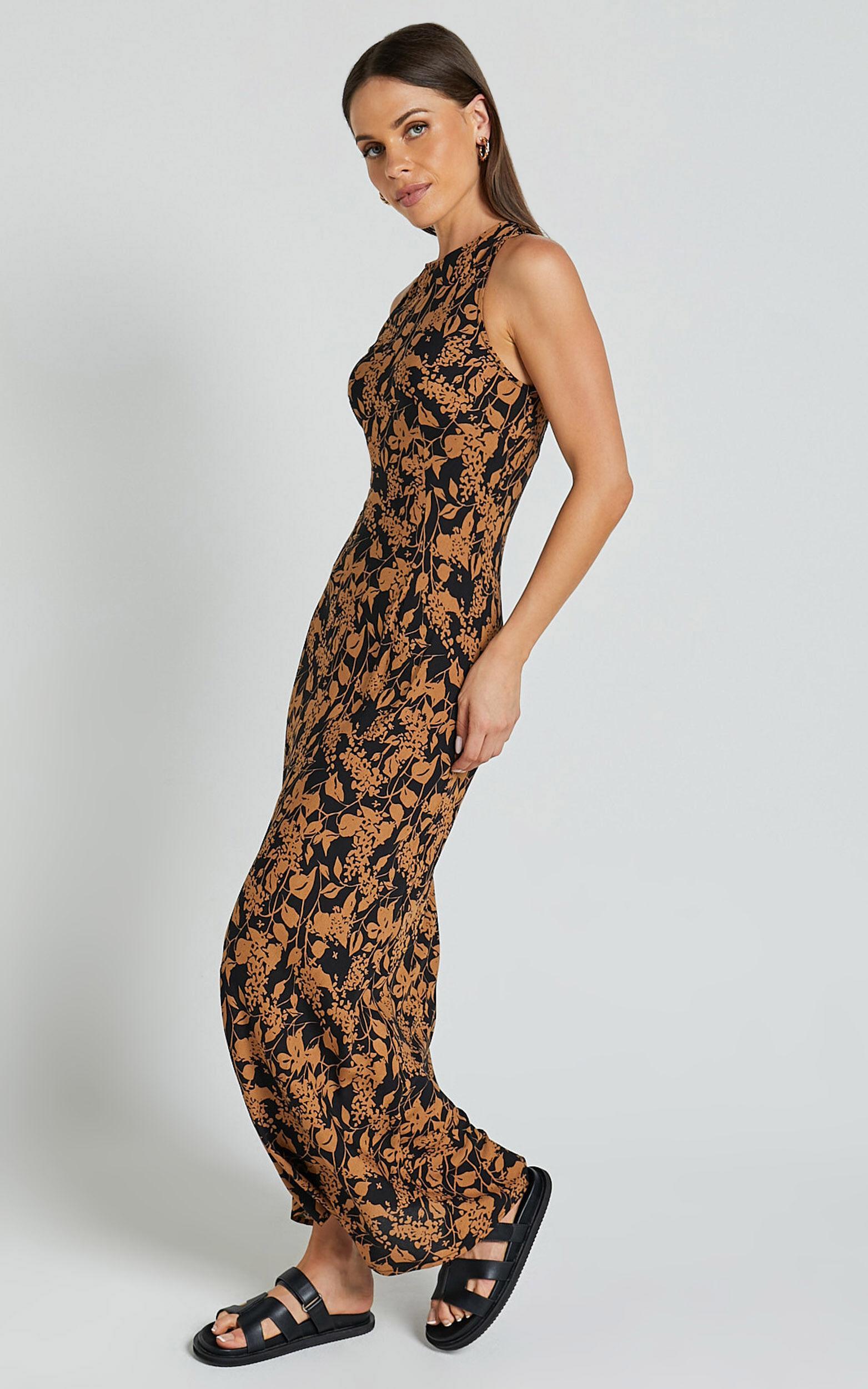 Francis Midi Dress - High Neck Slip Dress in Brown Floral Product Image