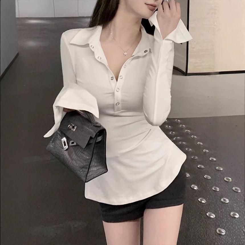 Long Sleeve V-Neck Plain Ruched Polo Shirt Product Image