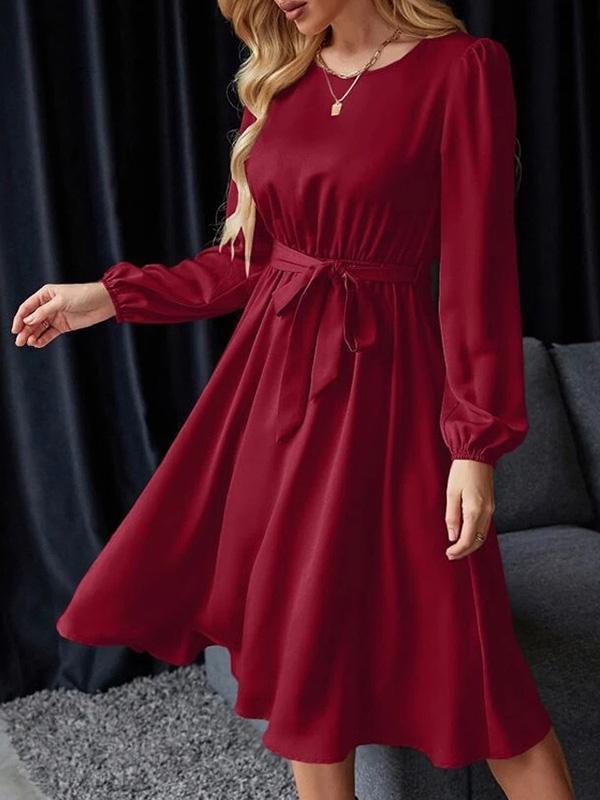 Loose Puff Sleeves Elasticity Pleated Solid Color Split-Joint Tied Waist Round-Neck Midi Dresses Product Image