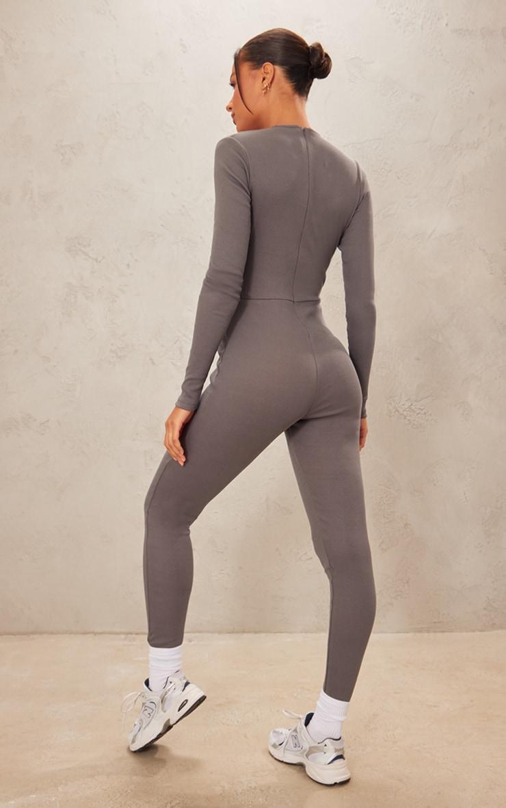 PRETTYLITTLETHING Charcoal Ribbed Long Sleeve Jumpsuit Product Image