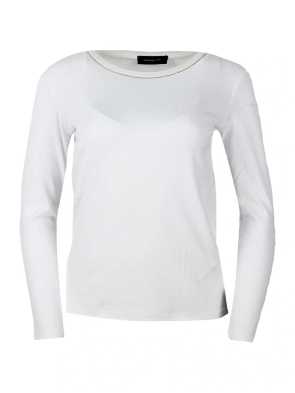 FABIANA FILIPPI Long-sleeved Crew-neck T-shirt In Ribbed Cotton Jersey With Knit Collar And Embellished With A Shiny In White Product Image