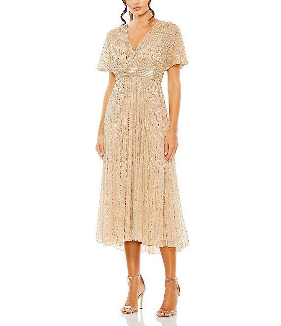 Mac Duggal Flutter Sleeve Embellished Chiffon A-Line Midi Dress Product Image