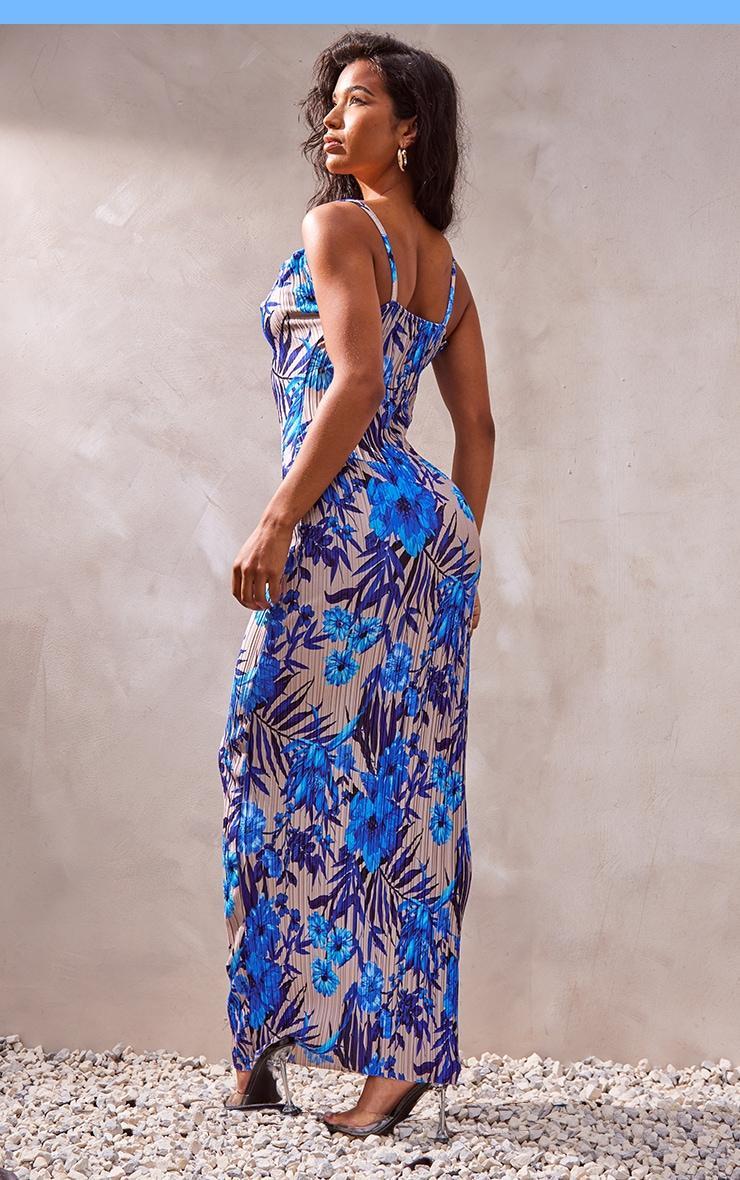 Blue Floral Print Plisse Strappy Maxi Dress Product Image