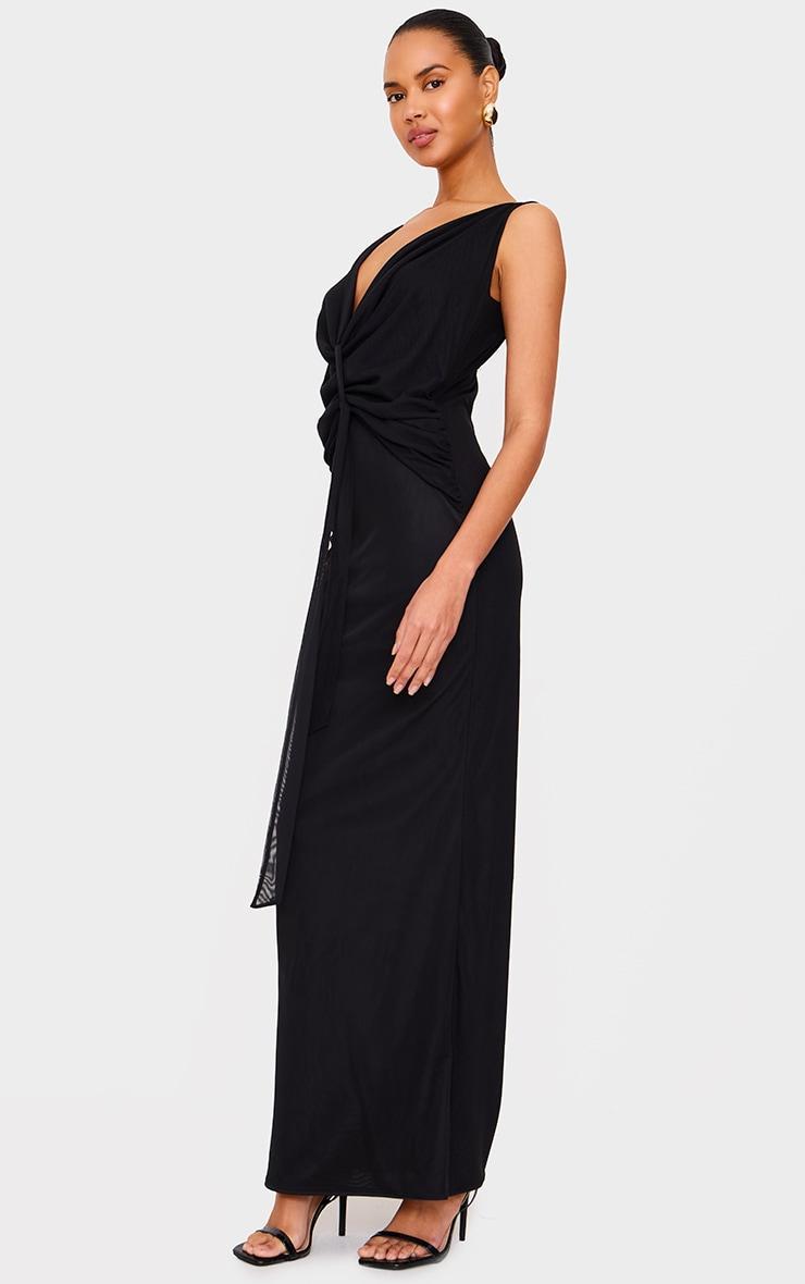 Black Mesh Overlay Draped Knot Detail Maxi Dress Product Image