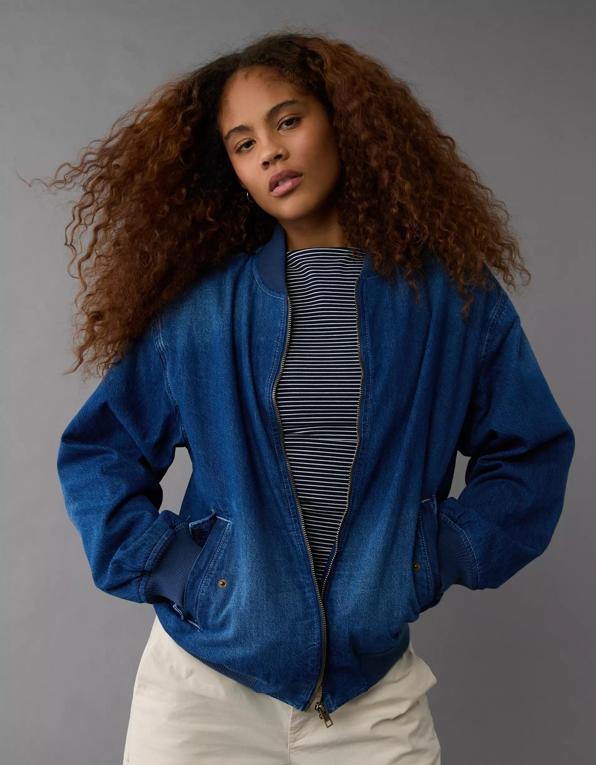 AE Oversized Denim Bomber Jacket Product Image