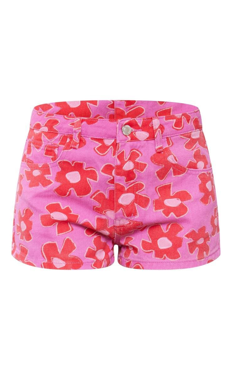  Pink Flower Print Denim Shorts Product Image