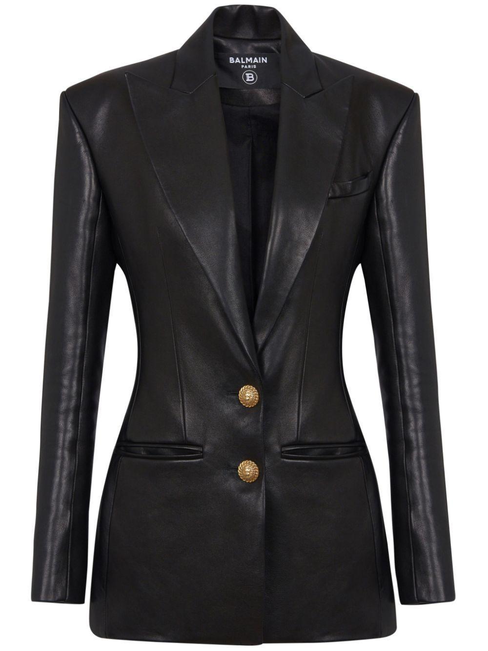 BALMAIN Peak-lapel Leather Blazer In Black Product Image