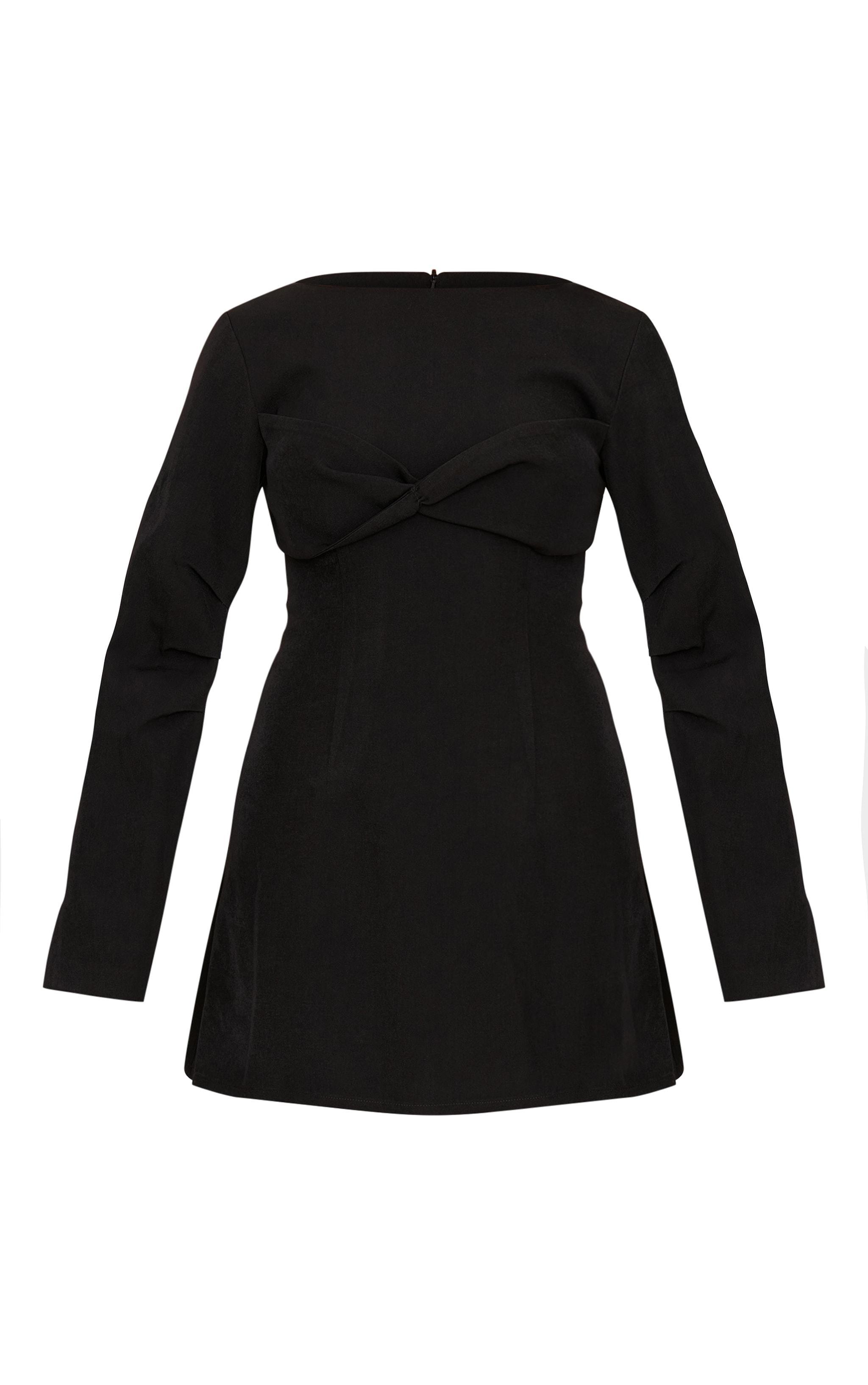 Black Woven Twist Detail Balloon Sleeve Dress Product Image