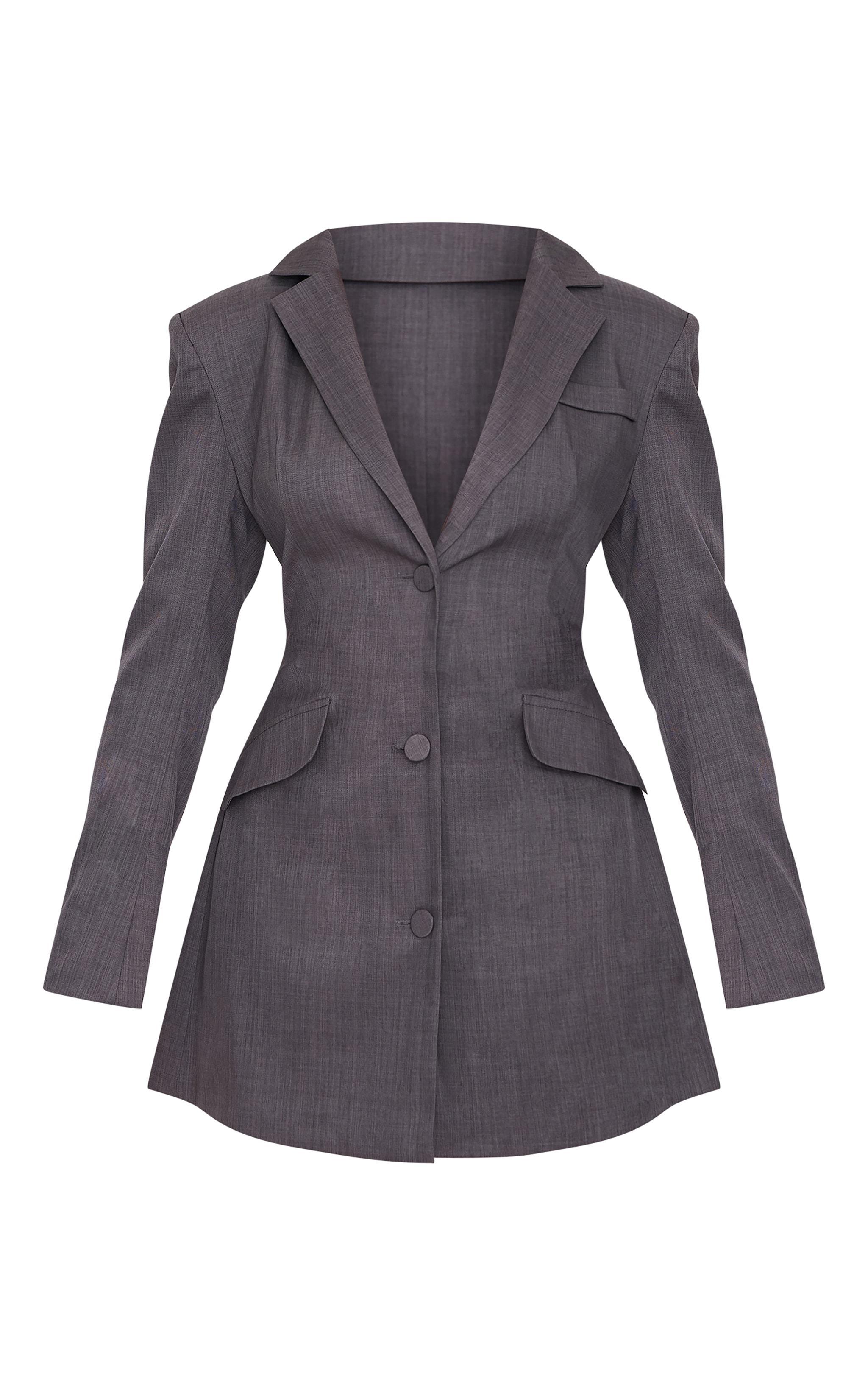 Charcoal Woven Cinched Waist Blazer Dress Product Image